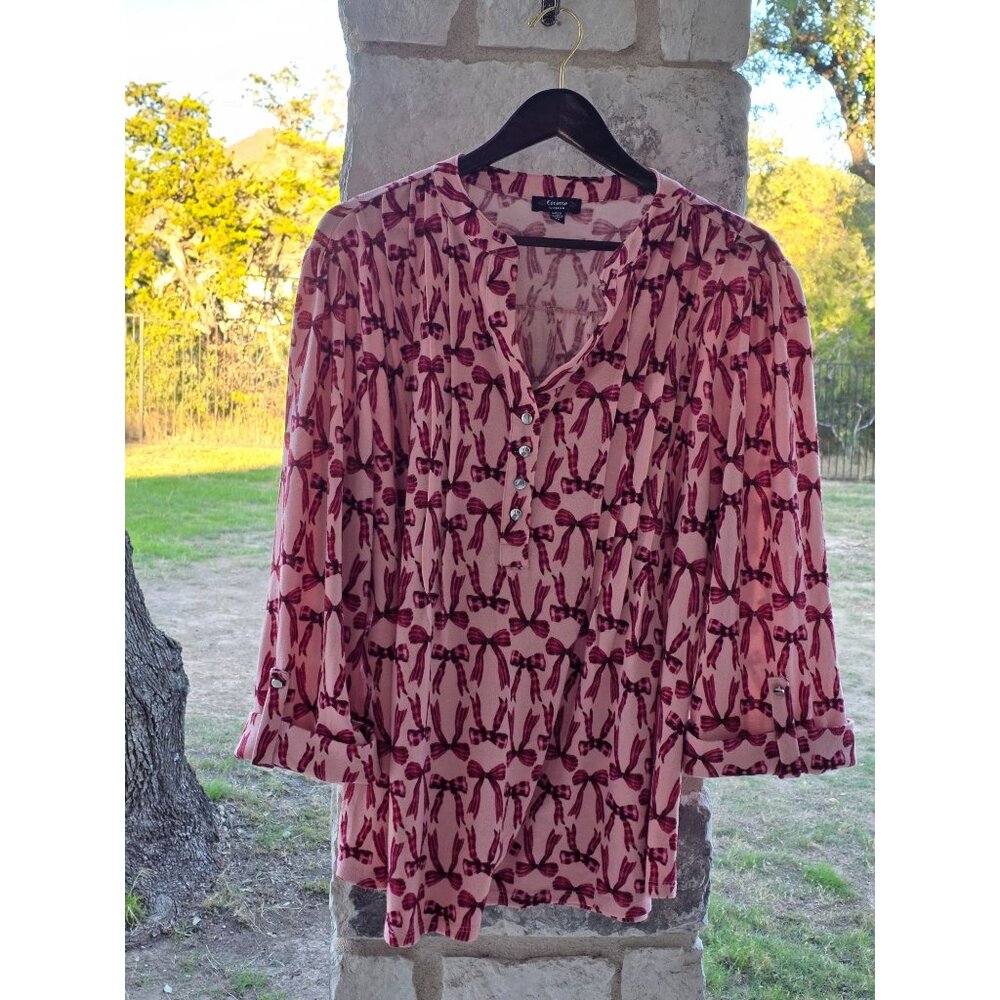Cocomo Woman 3X Pink & Red Bow Print Blouse 3/4 Sleeve Button Detail Barbie Core